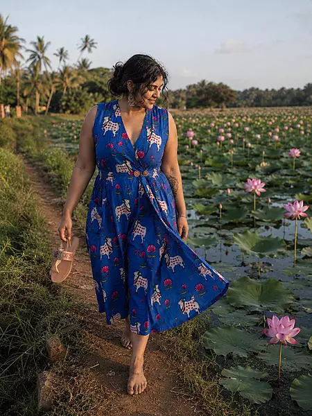 Diya's Sleeve-Less Wrap Dress - Blue & Pichwai