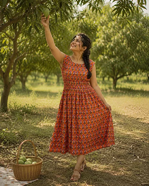 Sayesha's Sleeve less Triple smocked dress - Orange & Purple Flowers