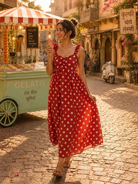 Freya's gentle Scrunch Frill Dress - Sunset Dots
