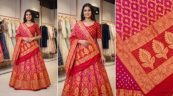 Kala Sanskruti Rani Pink & Red Color Banarasi Georgette Bandhani Chaniyacholi 3.75M Elegant Traditional Pure Banarasi Chaniyacholi for Women