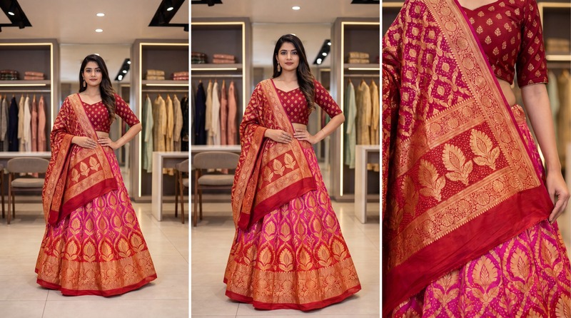 Kala Sanskruti Rani Pink & Red Color Banarasi Georgette Bandhani Chaniyacholi 3.75M Elegant Traditional Pure Banarasi Chaniyacholi for Women
