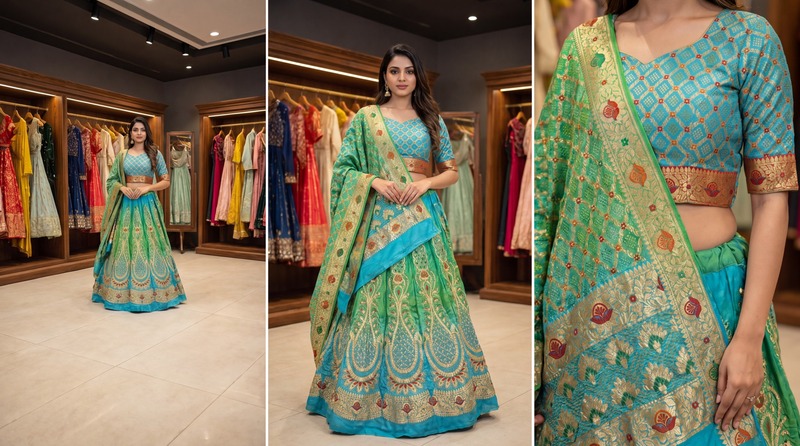 Kala Sanskruti Parrot Green & Sky Blue Color Banarasi Georgette Bandhani Chaniyacholi 3.75M Elegant Traditional Pure Banarasi Chaniyacholi for Women