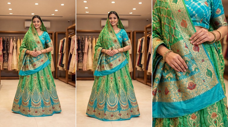 Kala Sanskruti Parrot Green & Sky Blue Color Banarasi Georgette Bandhani Chaniyacholi 3.75M Elegant Traditional Pure Banarasi Chaniyacholi for Women