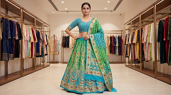 Kala Sanskruti Parrot Green & Sky Blue Color Banarasi Georgette Bandhani Chaniyacholi 3.75M Elegant Traditional Pure Banarasi Chaniyacholi for Women