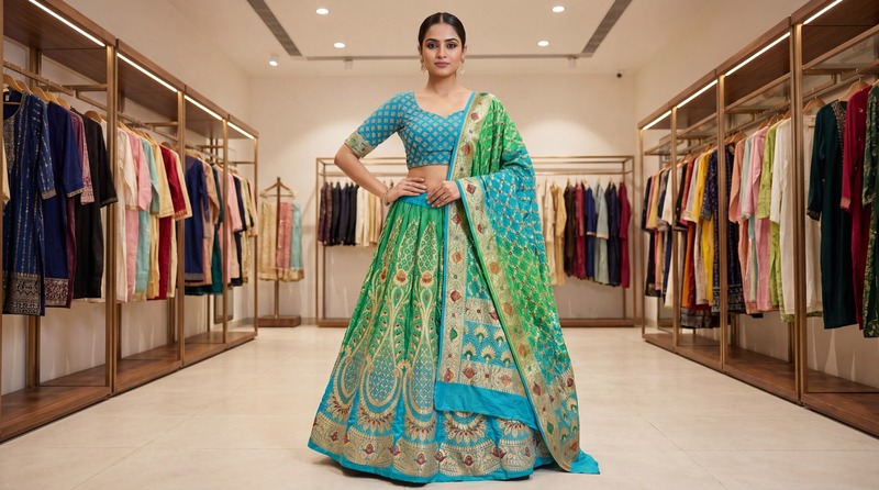 Kala Sanskruti Parrot Green & Sky Blue Color Banarasi Georgette Bandhani Chaniyacholi 3.75M Elegant Traditional Pure Banarasi Chaniyacholi for Women