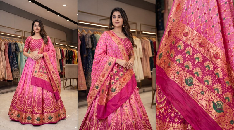 Kala Sanskruti Light Dark Pink Color Banarasi Georgette Bandhani Chaniyacholi 3.75M Elegant Traditional Pure Banarasi Chaniyacholi for Women