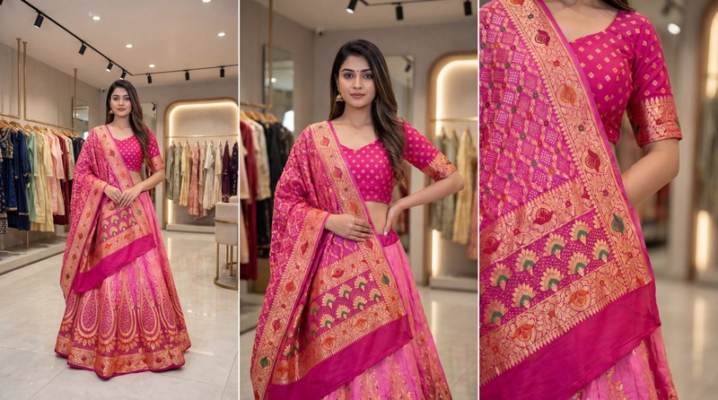 Kala Sanskruti Light Dark Pink Color Banarasi Georgette Bandhani Chaniyacholi 3.75M Elegant Traditional Pure Banarasi Chaniyacholi for Women