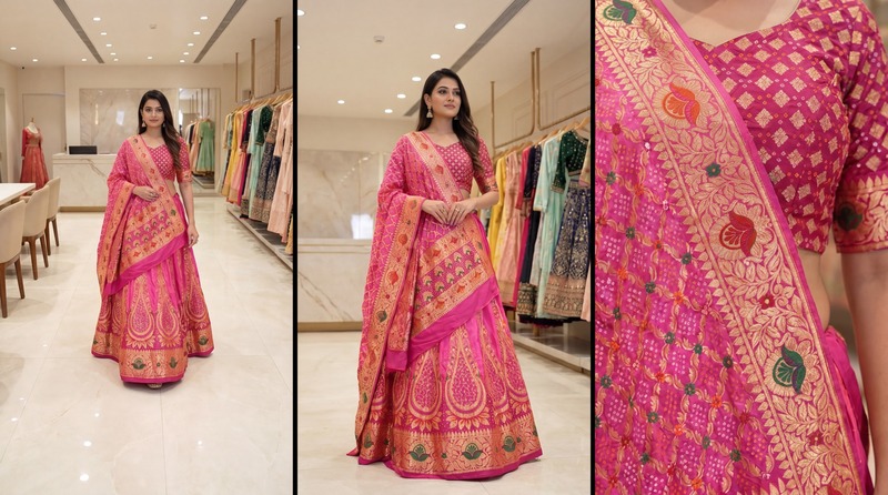Kala Sanskruti Light Dark Pink Color Banarasi Georgette Bandhani Chaniyacholi 3.75M Elegant Traditional Pure Banarasi Chaniyacholi for Women