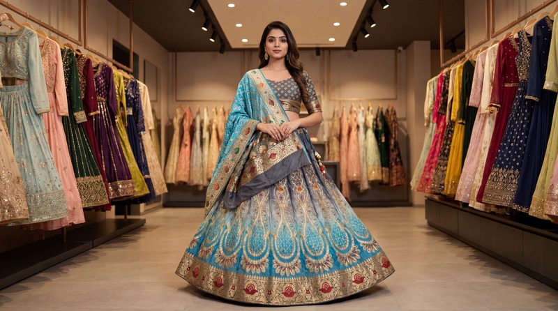 Kala Sanskruti Grey & Sky Blue Color Banarasi Georgette Bandhani Chaniyacholi 3.75M Elegant Traditional Pure Banarasi Chaniyacholi for Women