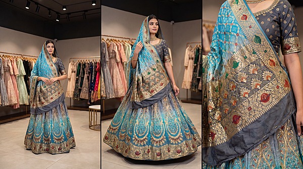 Kala Sanskruti Grey & Sky Blue Color Banarasi Georgette Bandhani Chaniyacholi 3.75M Elegant Traditional Pure Banarasi Chaniyacholi for Women