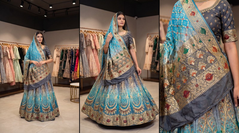 Kala Sanskruti Grey & Sky Blue Color Banarasi Georgette Bandhani Chaniyacholi 3.75M Elegant Traditional Pure Banarasi Chaniyacholi for Women