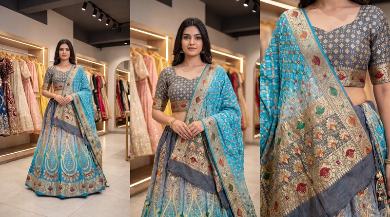 Kala Sanskruti Grey & Sky Blue Color Banarasi Georgette Bandhani Chaniyacholi 3.75M Elegant Traditional Pure Banarasi Chaniyacholi for Women