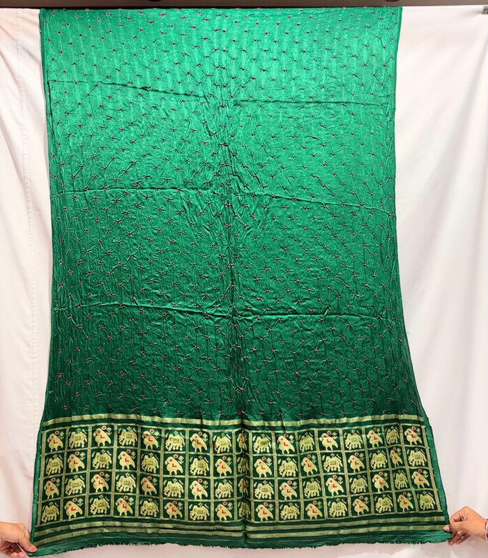 Kala Sanskruti All Over Green Color Art Silk Bandhani Dress 2.5 M Each Piece Elegant Traditional Wear Art Silk Dress for Women