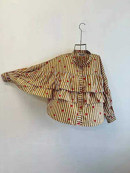 Veronica's Double Frill Shirt - Brown & White Stipes with Hearts