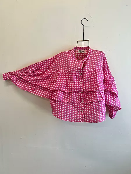 Veronica's Double Frill Shirt - Pink Gingham