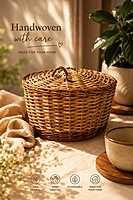 Dual Tone Rustic Handwoven Bamboo Roti Basket with Cover