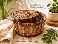 Dual Tone Rustic Handwoven Bamboo Roti Basket with Cover