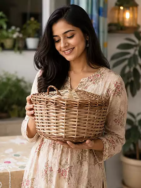 Dual Tone Rustic Handwoven Bamboo Roti Basket with Cover