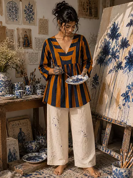 Gulzar's V-neck Peplum Top - Orange & Blue Stripes