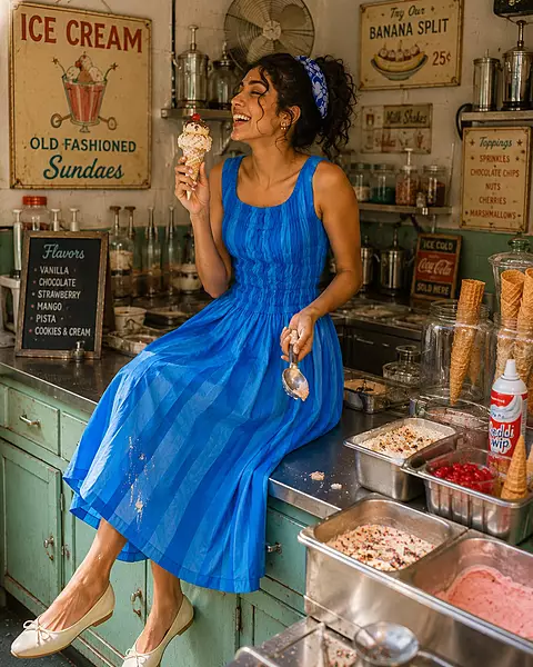 Sayesha's Sleeve less Triple smocked dress - Blue & Blue Stripes