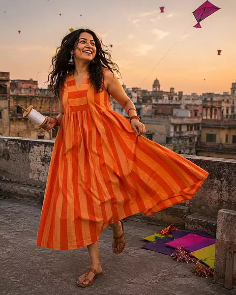 Charita's Everyday Sleeve Less Flare Dress - Orange & Orange Stripes
