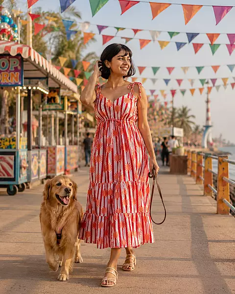 Meghana's Strap & Tie Dress - Red & white Stripes with Sun