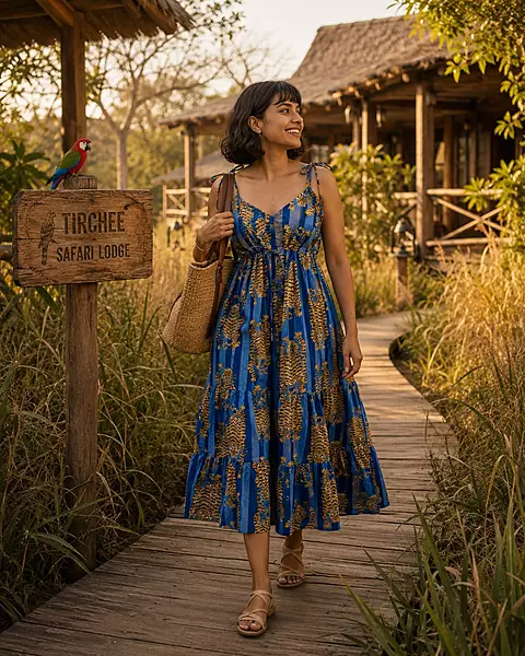 Meghana's Strap & Tie Dress - Blue Stripes with Tigers