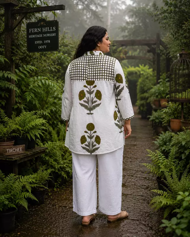 Naira's Contrast Yoke Top - White & Sap Green Flowers