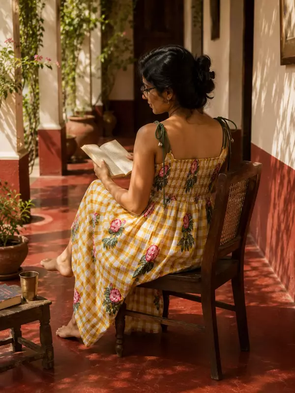 Fiza's Gentle Scrunch Tube Dress - Mustard Gingham with Flowers