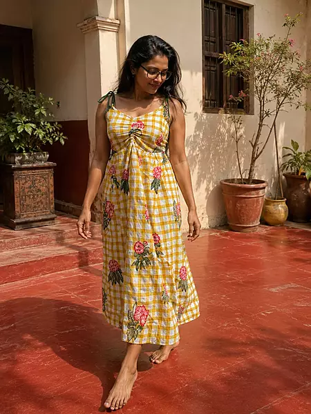 Fiza's Gentle Scrunch Tube Dress - Mustard Gingham with Flowers