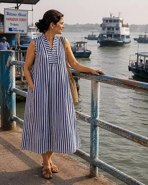 Charita's Everyday Sleeve Less Flare Dress - Blue & White Stripes