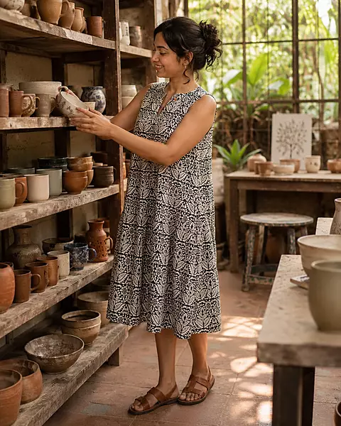 Saira's A-line Dress - Cream & Black