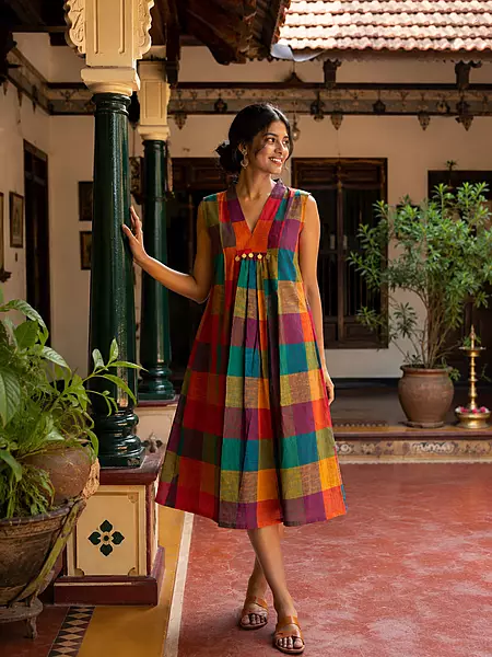 Ambalika's - Sleeve Less Flare Dress - Madras Checks Big Green Hues