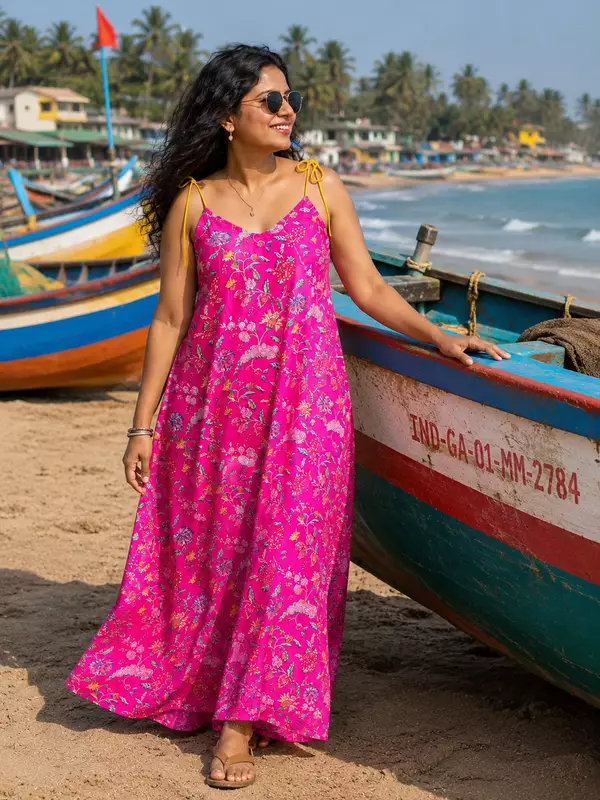 Anika's Free-Size Strappy Dress - Pink & Flowers