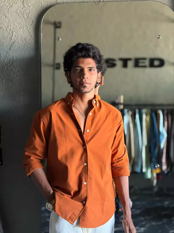 Rust orange linen-oxford shirt