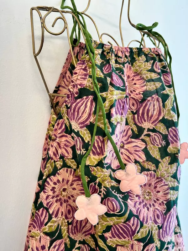 Naaz's Short Halter Dress with Gathered Neck - Green with Purple & Pink Flowers