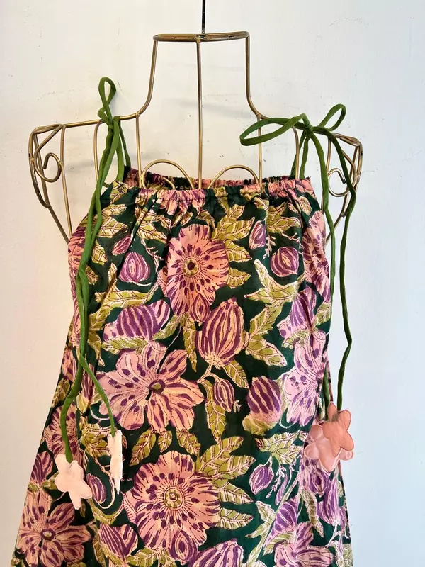 Naaz's Short Halter Dress with Gathered Neck - Green with Purple & Pink Flowers