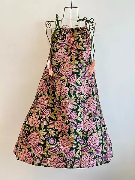 Naaz's Short Halter Dress with Gathered Neck - Green with Purple & Pink Flowers
