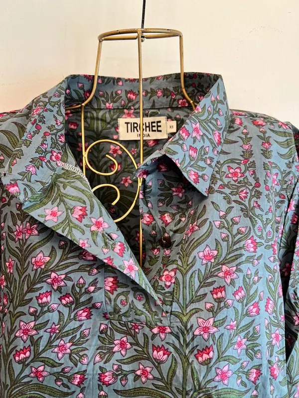 Kavya's High-Low Collared Top -Dark Grey with Flowers