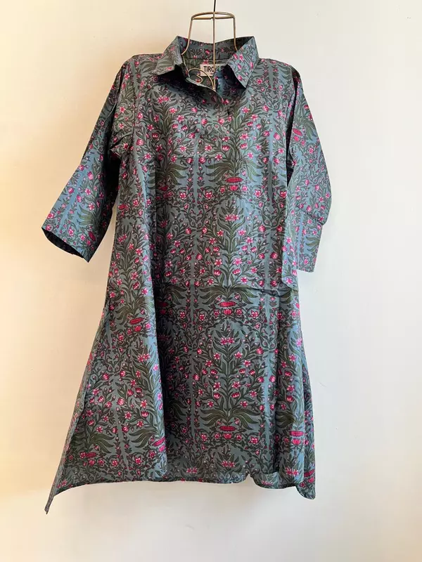 Kavya's High-Low Collared Top -Dark Grey with Flowers