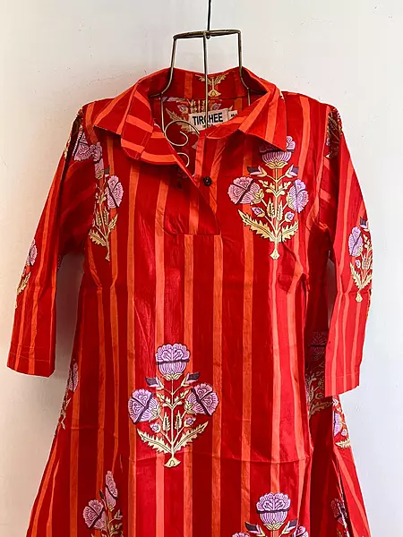 Kavya's High-Low Collared Top - Red & Orange Stripes with Flowers