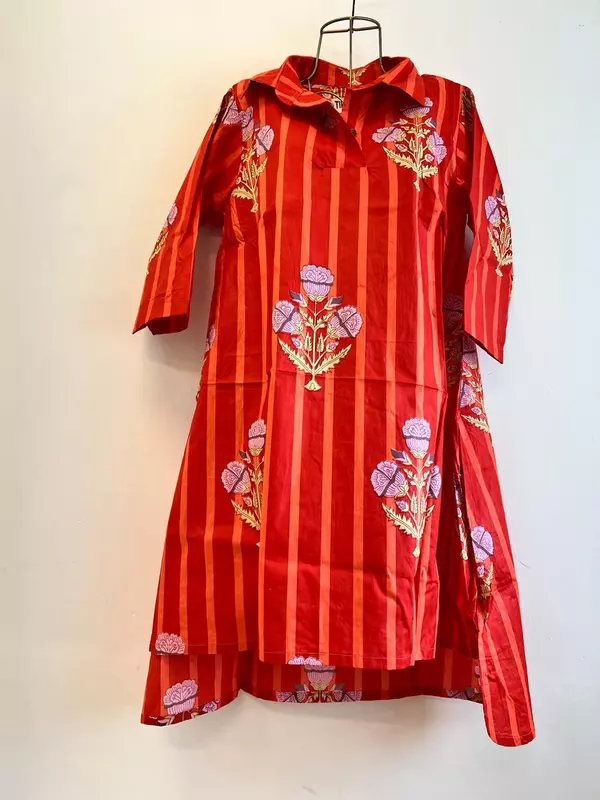 Kavya's High-Low Collared Top - Red & Orange Stripes with Flowers