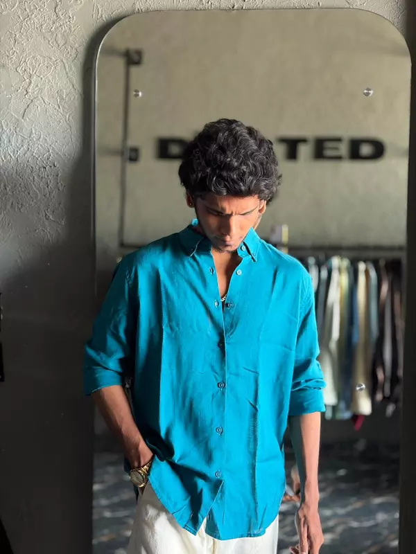 Teal wave linen shirt