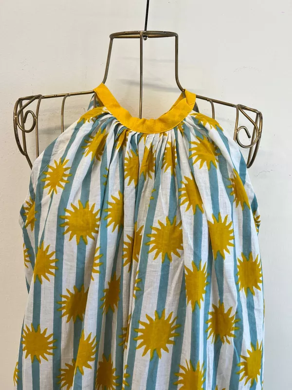 Ayana's Halter-Neck-Tie dress - Blue Stripes with Mustard Suns