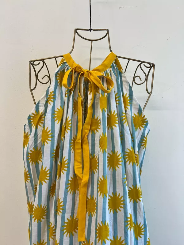 Ayana's Halter-Neck-Tie dress - Blue Stripes with Mustard Suns
