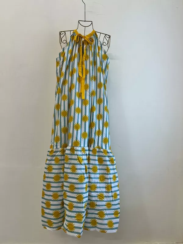 Ayana's Halter-Neck-Tie dress - Blue Stripes with Mustard Suns