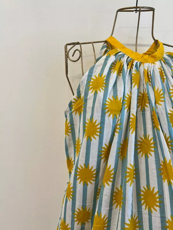Ayana's Halter-Neck-Tie dress - Blue Stripes with Mustard Suns