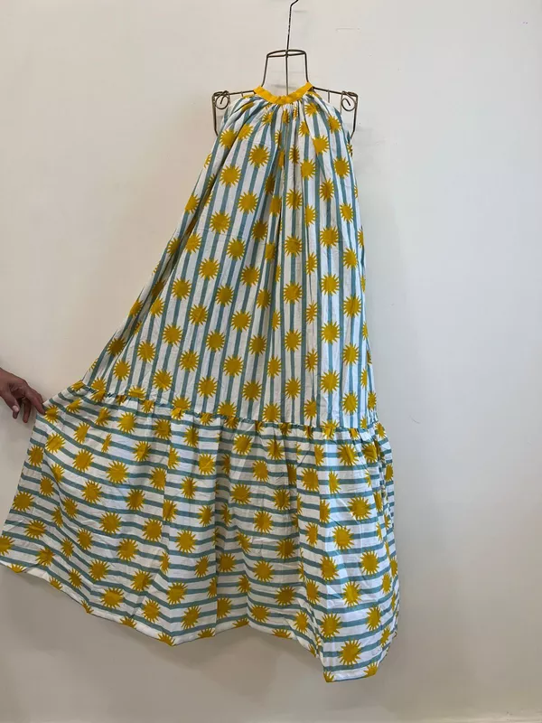 Ayana's Halter-Neck-Tie dress - Blue Stripes with Mustard Suns