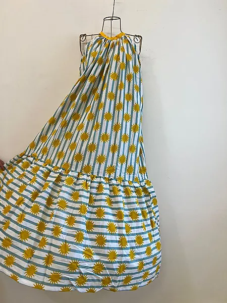 Ayana's Halter-Neck-Tie dress - Blue Stripes with Mustard Suns