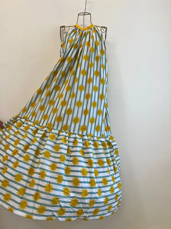 Ayana's Halter-Neck-Tie dress - Blue Stripes with Mustard Suns